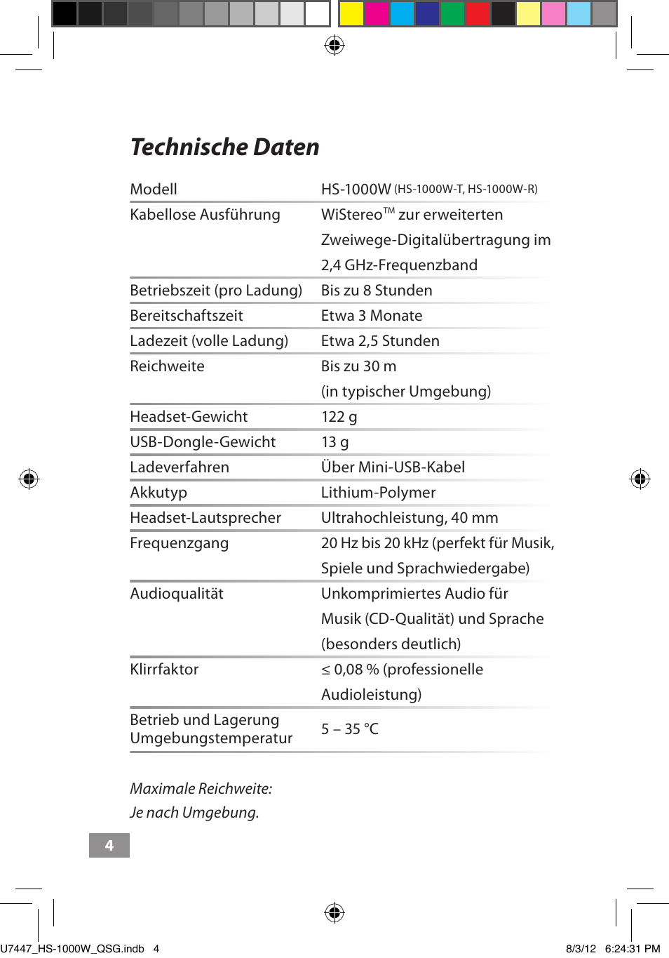 Technische daten, Technische daten ––––– 4 | Asus HS-1000W User Manual | Page 71 / 223