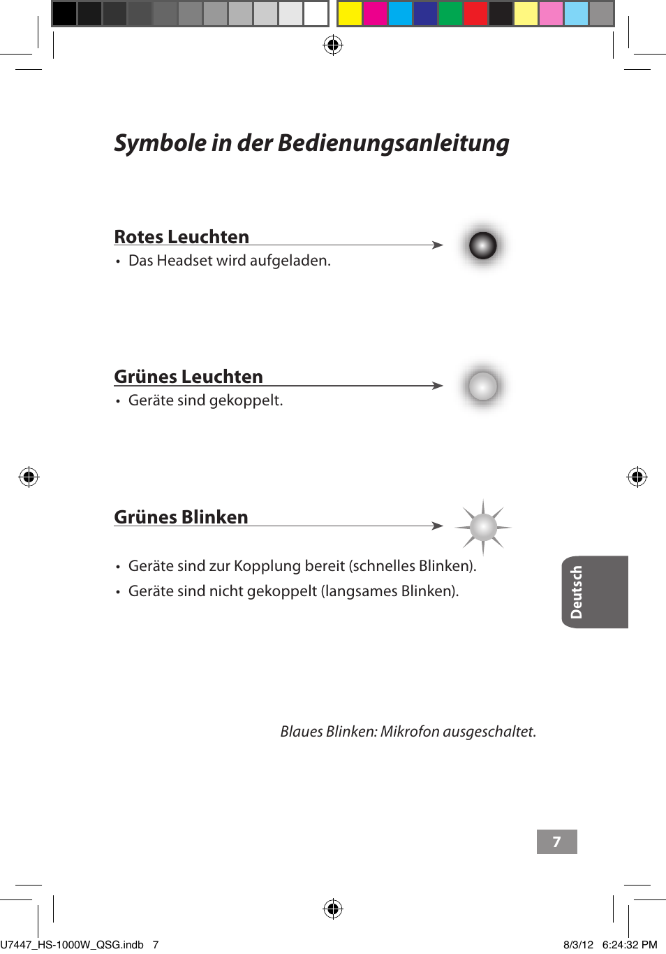 Symbole in der bedienungsanleitung, Symbole in der bedienungsanleitung ––– 7, Rotes leuchten | Grünes leuchten, Grünes blinken | Asus HS-1000W User Manual | Page 74 / 223