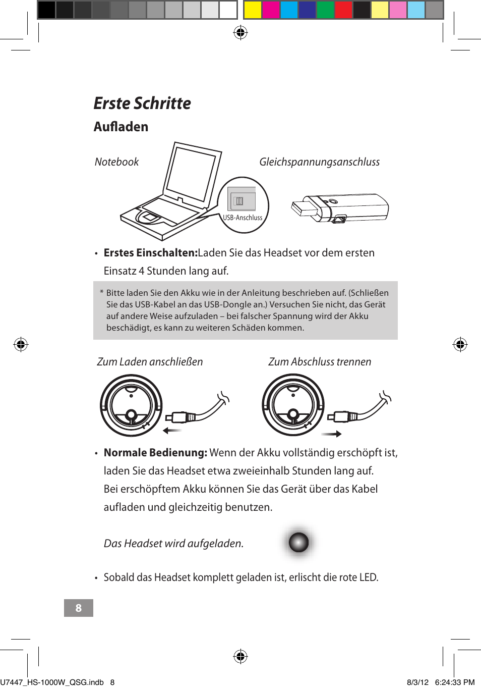 Erste schritte, Erste schritte ––––– 8, Aufladen | Asus HS-1000W User Manual | Page 75 / 223