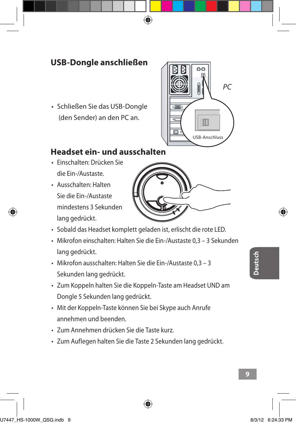 Usb-dongle anschließen, Headset ein- und ausschalten | Asus HS-1000W User Manual | Page 76 / 223