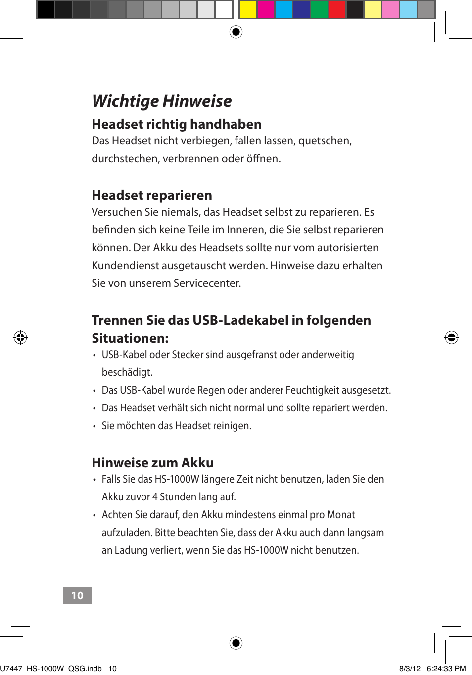 Wichtige hinweise, Wichtige hinweise ––––– 10, Headset richtig handhaben | Headset reparieren, Hinweise zum akku | Asus HS-1000W User Manual | Page 77 / 223