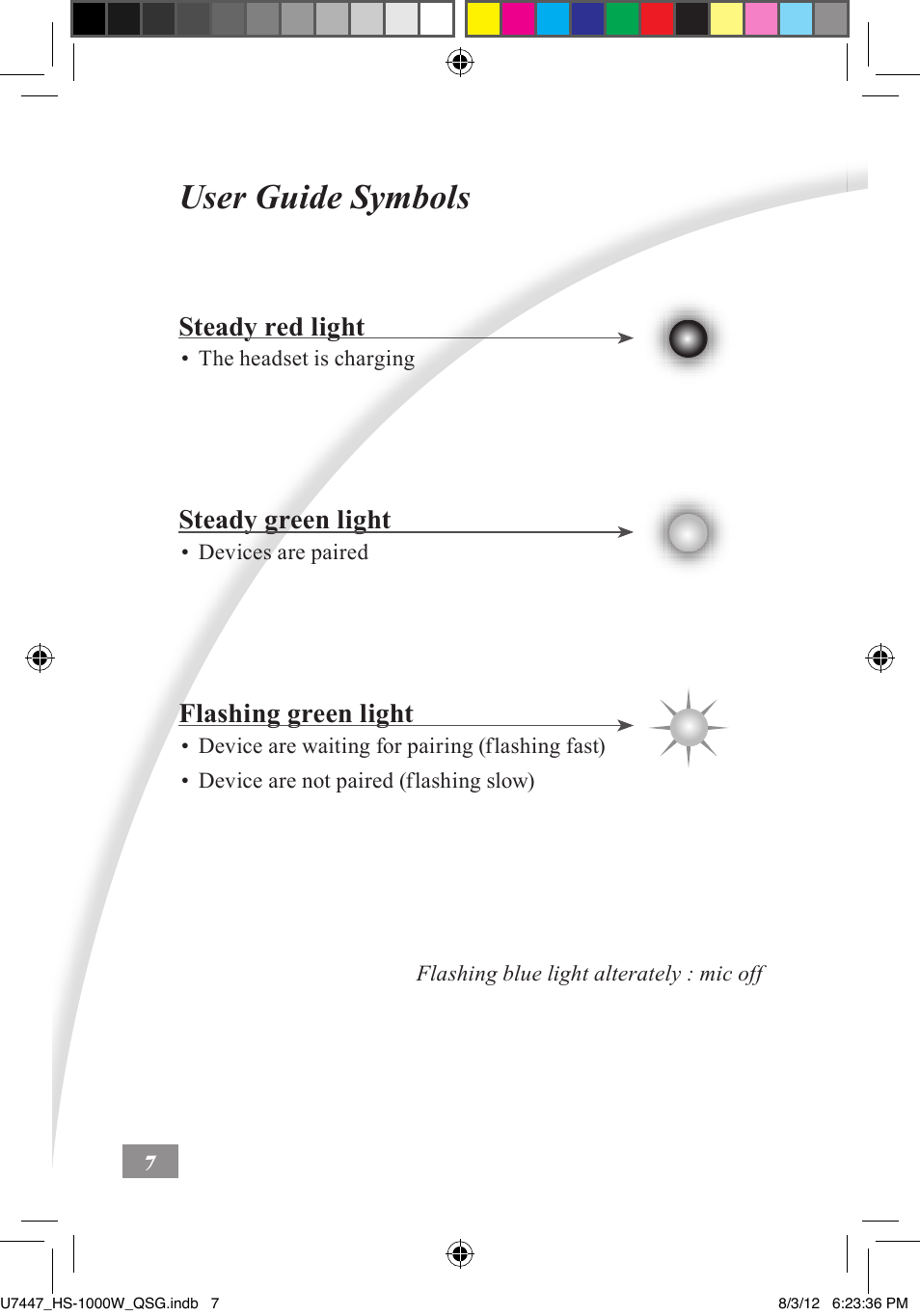 User guide symbols ––––– 7, User guide symbols, Steady red light | Steady green light, Flashing green light | Asus HS-1000W User Manual | Page 8 / 223