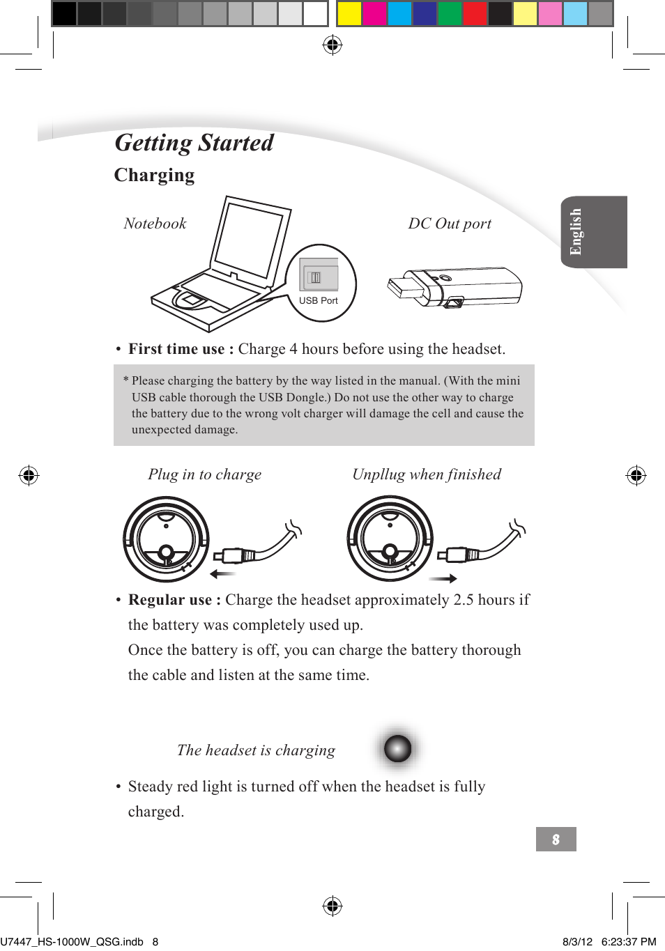 Getting started ––––– 8, Getting started, Charging | Asus HS-1000W User Manual | Page 9 / 223