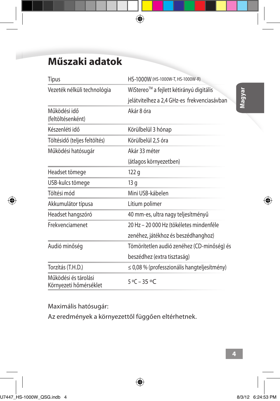 Műszaki adatok, Műszaki adatok ––––– 4 | Asus HS-1000W User Manual | Page 97 / 223