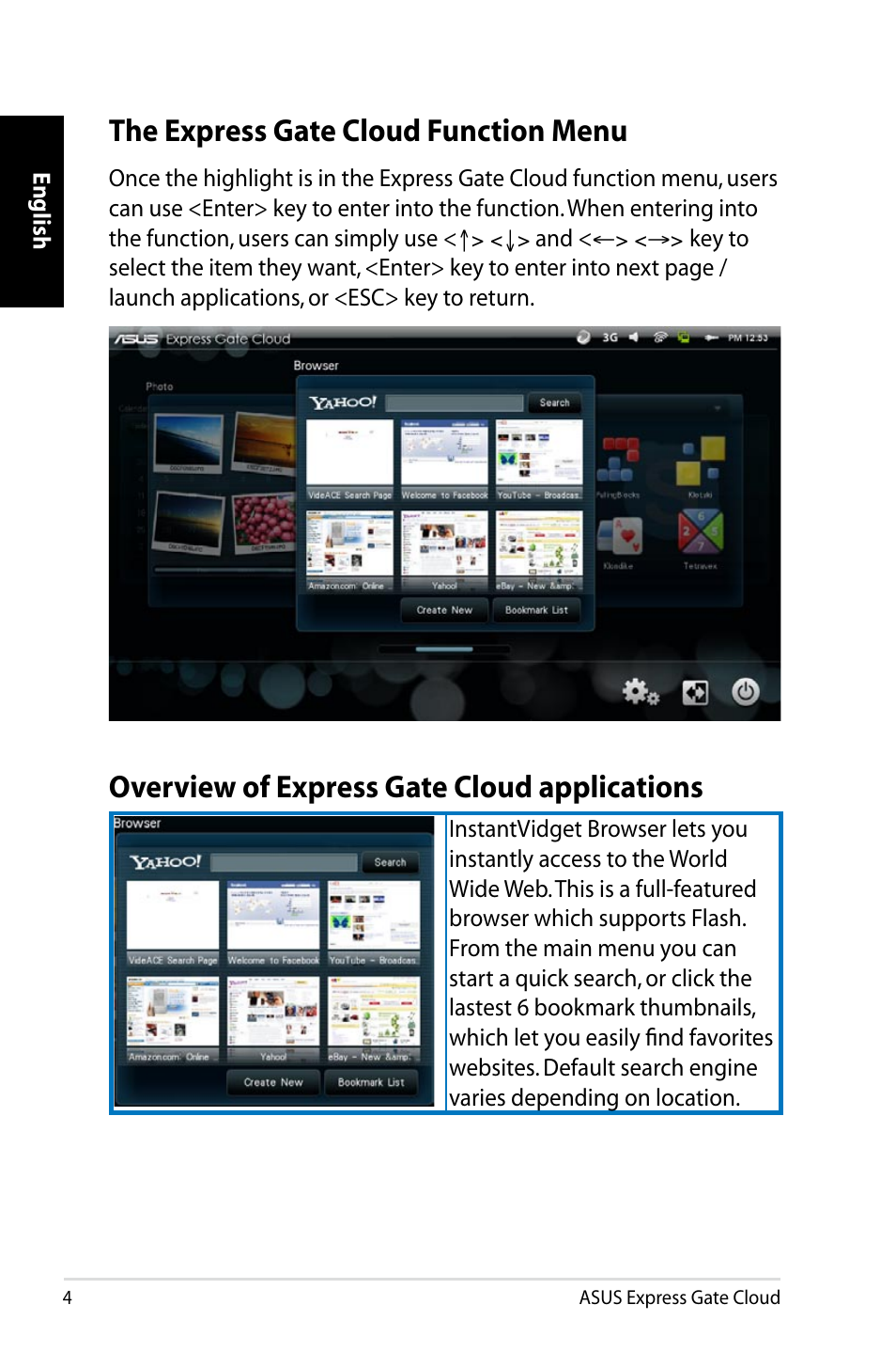 The express gate cloud function menu, Overview of express gate cloud applications | Asus Eee PC VX6 User Manual | Page 4 / 8