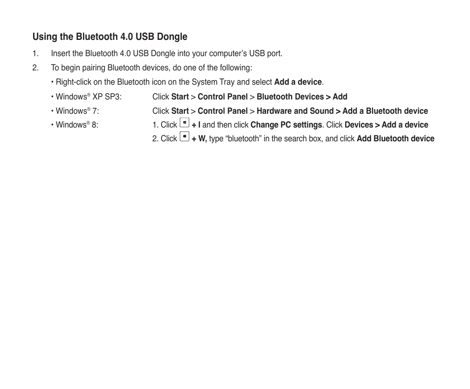 Using the bluetooth 4.0 usb dongle | Asus USB-BT400 User Manual | Page 2 / 52