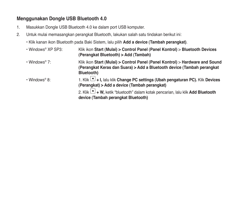 Menggunakan dongle usb bluetooth 4.0 | Asus USB-BT400 User Manual | Page 22 / 52