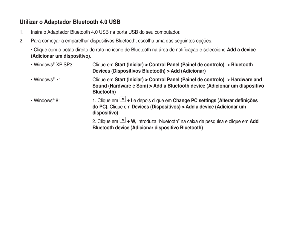Utilizar o adaptador bluetooth 4.0 usb | Asus USB-BT400 User Manual | Page 34 / 52