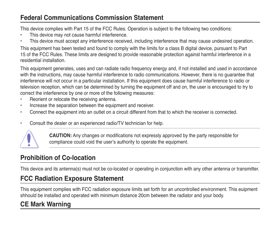 Federal communications commission statement, Prohibition of co-location, Fcc radiation exposure statement | Ce mark warning | Asus USB-BT400 User Manual | Page 49 / 52