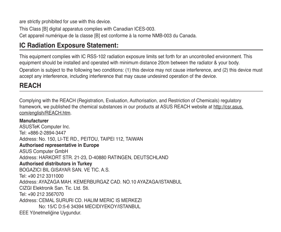 Ic radiation exposure statement, Reach | Asus USB-BT400 User Manual | Page 51 / 52