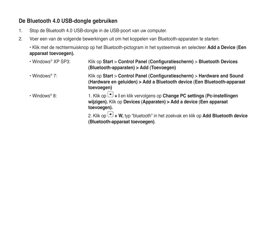 De bluetooth 4.0 usb-dongle gebruiken | Asus USB-BT400 User Manual | Page 8 / 52