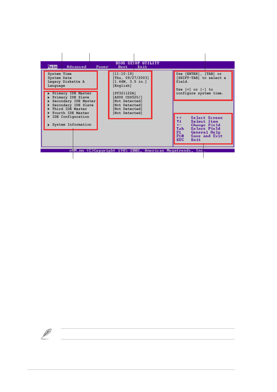 2 menu bar, 1 bios menu screen 4.2.3 navigation keys, 8 chapter 4: bios information | Asus AP120-E1 User Manual | Page 72 / 136