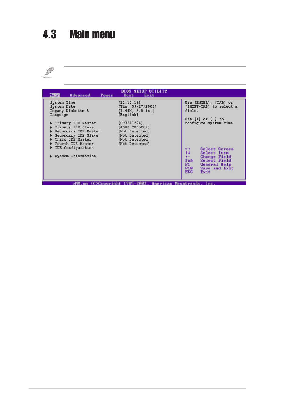 3 main menu, 4 language (english), 10 chapter 4: bios information | This item allows you to set the system time, This item allows you to set the system date | Asus AP120-E1 User Manual | Page 74 / 136