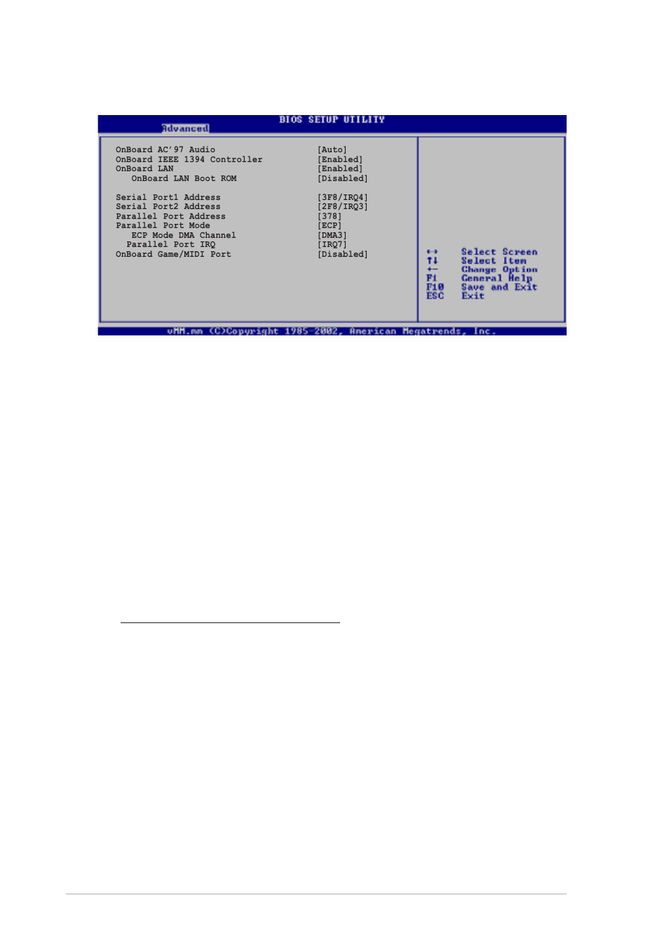 4 onboard devices configuration, Onboard ac’97 audio [auto, Onboard ieee 1394 controller [enabled | Onboard lan [enabled, Serial port1 address [3f8/irq4, Serial port2 address [2f8/irq3, 22 chapter 4: bios information | Asus AP120-E1 User Manual | Page 86 / 136