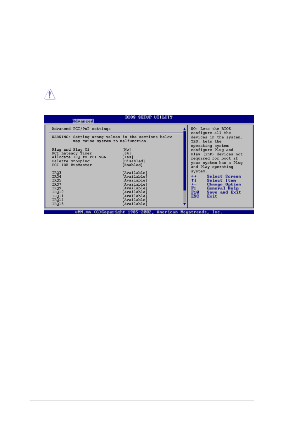 5 pci pnp, Plug and play o/s [no, Pci latency timer [64 | Allocate irq to pci vga [yes, Palette snooping [disabled, 24 chapter 4: bios information | Asus AP120-E1 User Manual | Page 88 / 136