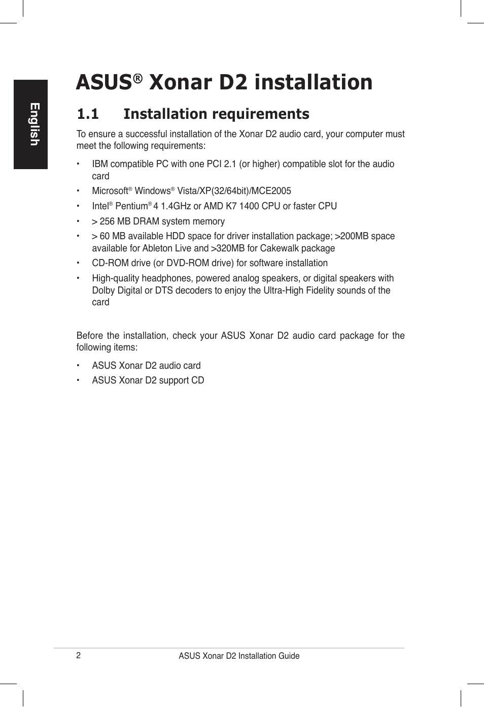 Asus, Xonar d2 installation, 1 installation requirements | Asus Xonar D2/PM User Manual | Page 2 / 80