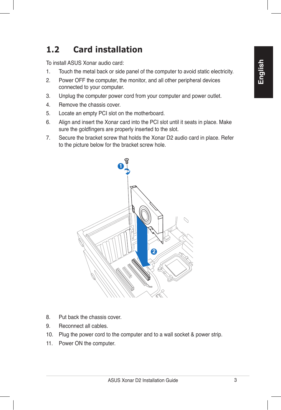 2 card installation | Asus Xonar D2/PM User Manual | Page 3 / 80