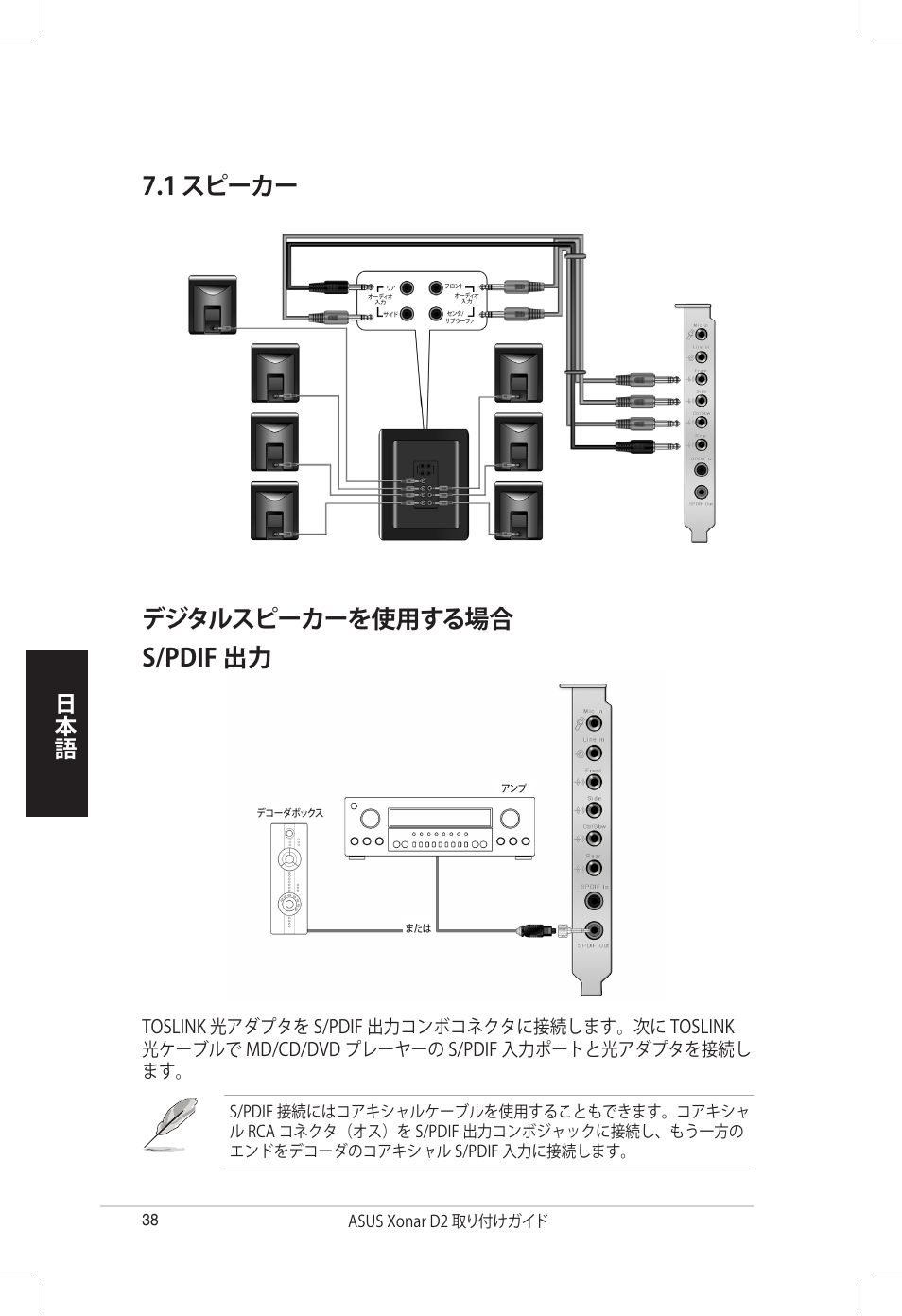 デジタルスピーカーを使用する場合 7.1 スピーカー s/pdif 出力 | Asus Xonar D2/PM User Manual | Page 38 / 80