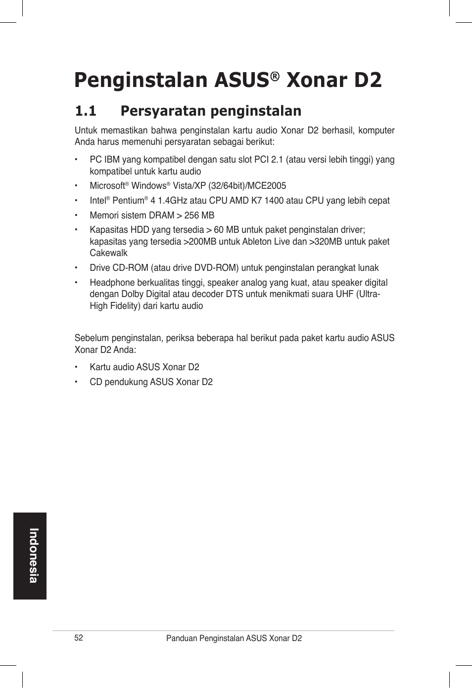 Penginstalan asus, Xonar d2, 1 persyaratan penginstalan | Asus Xonar D2/PM User Manual | Page 52 / 80