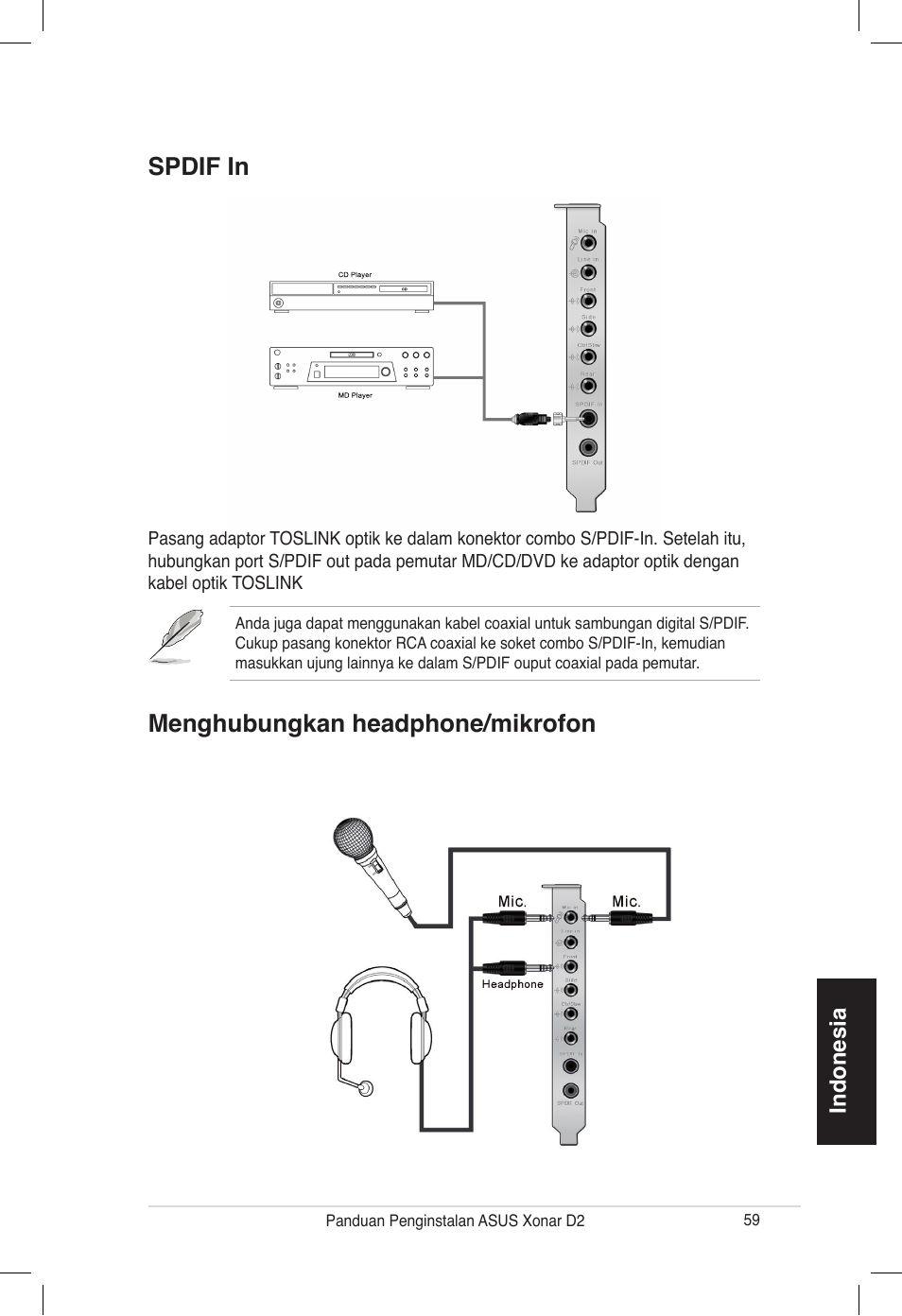 Spdif in menghubungkan headphone/mikrofon | Asus Xonar D2/PM User Manual | Page 59 / 80