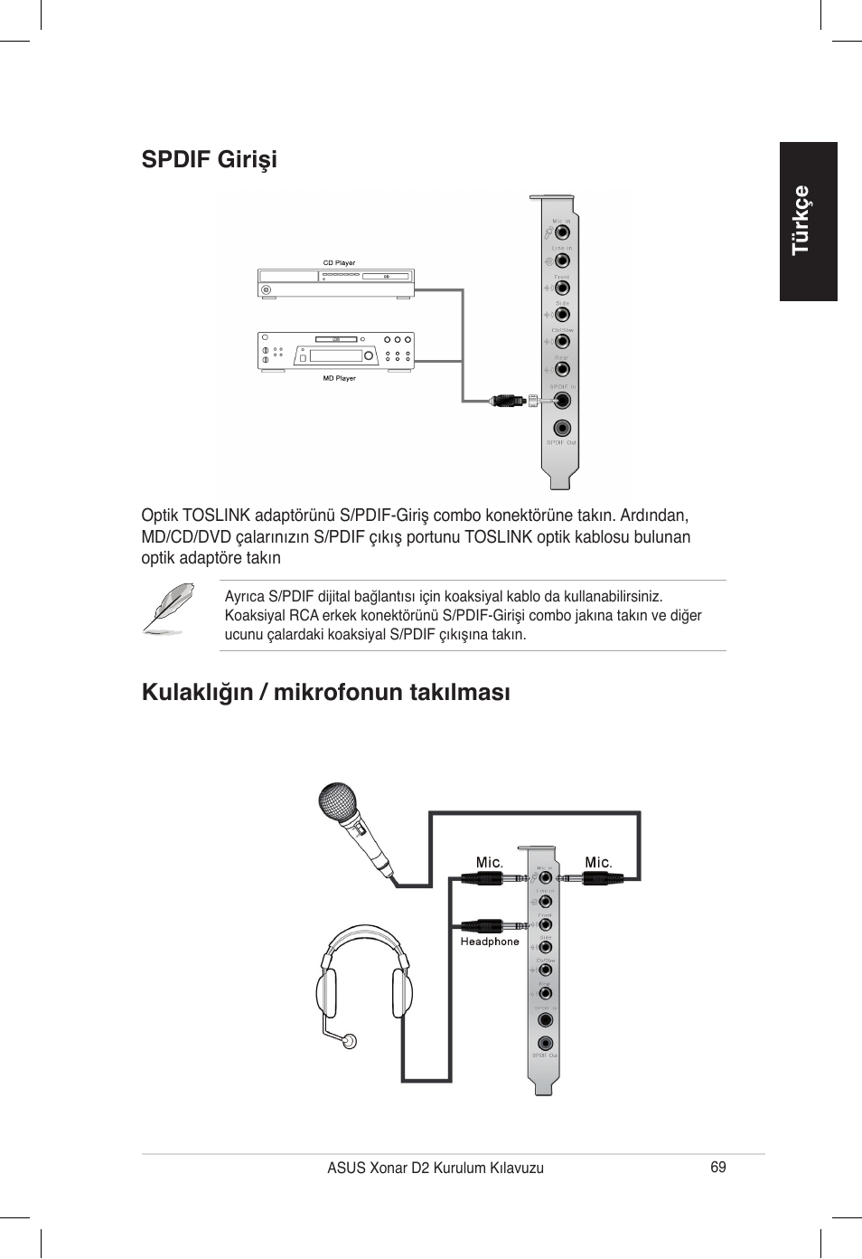 Spdif girişi kulaklığın / mikrofonun takılması | Asus Xonar D2/PM User Manual | Page 69 / 80