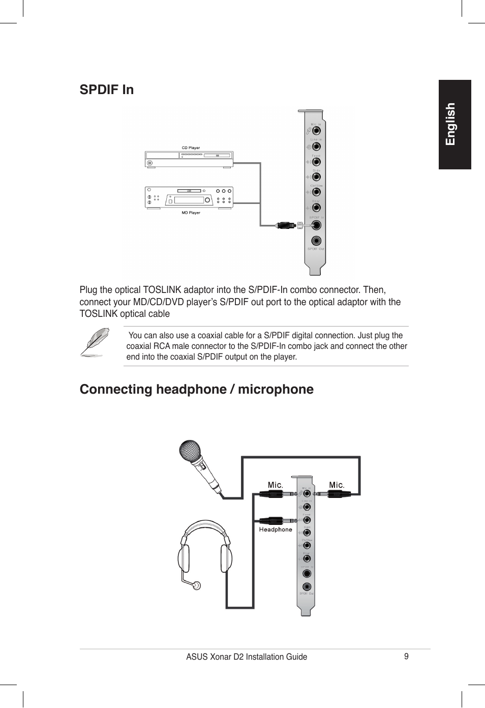 Spdif in connecting headphone / microphone | Asus Xonar D2/PM User Manual | Page 9 / 80