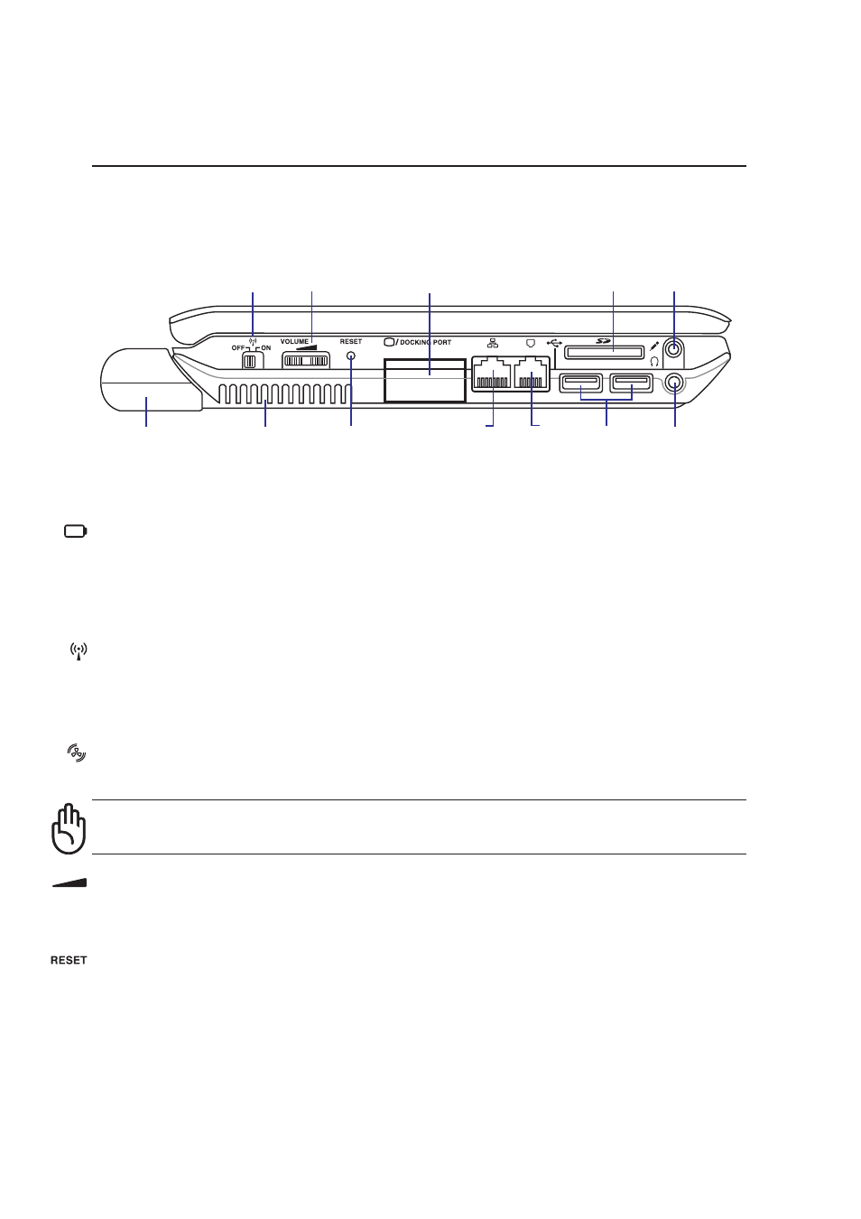 Left side, Knowing the parts, Wireless lan switch | Audio volume control, Reset button, Air vents, Battery pack | Asus S3N User Manual | Page 21 / 74