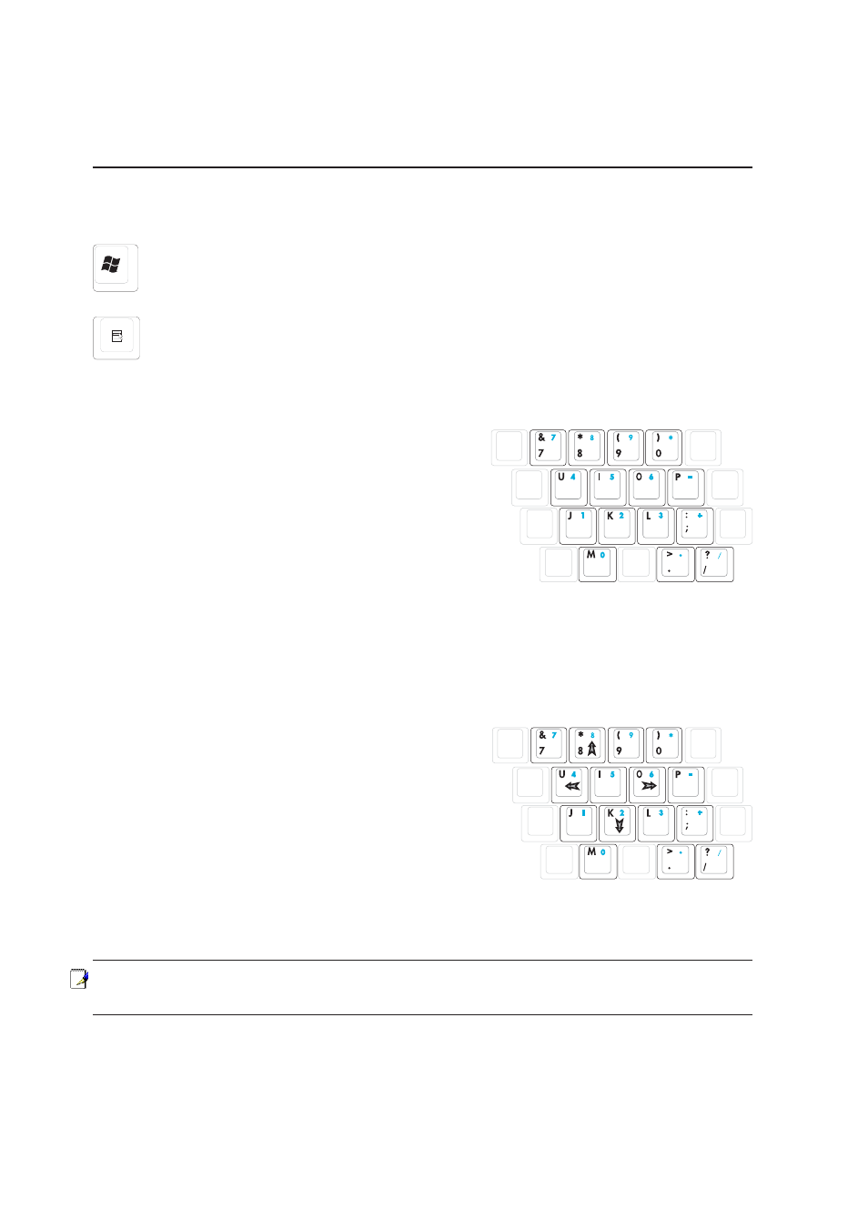 Microsoft windows keys, Keyboard as a numeric keypad, Keyboard as cursors | Getting started | Asus Z62F User Manual | Page 28 / 70