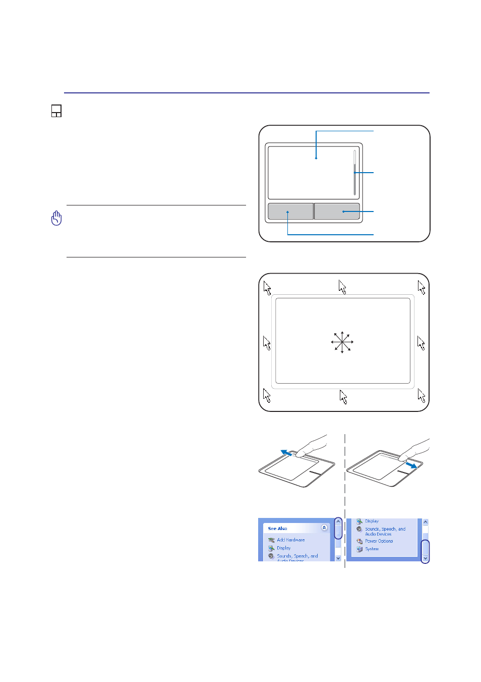 Pointing device, Using the touchpad, Scroll down scroll up | Asus Z62F User Manual | Page 35 / 70