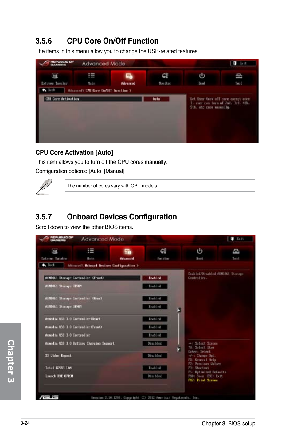 6 cpu core on/off function, 7 onboard devices configuration, Cpu core on/off function -24 | Onboard devices configuration -24, Chapter 3 | Asus Crosshair V Formula-Z User Manual | Page 104 / 190
