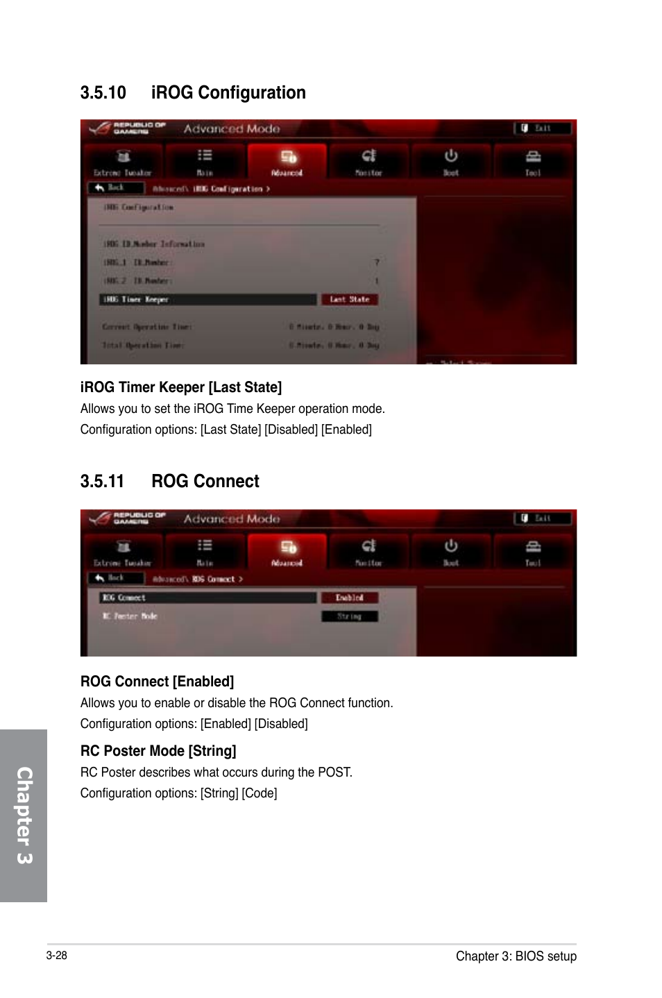 10 irog configuration, 11 rog connect, Irog configuration -28 | Rog connect -28, Chapter 3 | Asus Crosshair V Formula-Z User Manual | Page 108 / 190