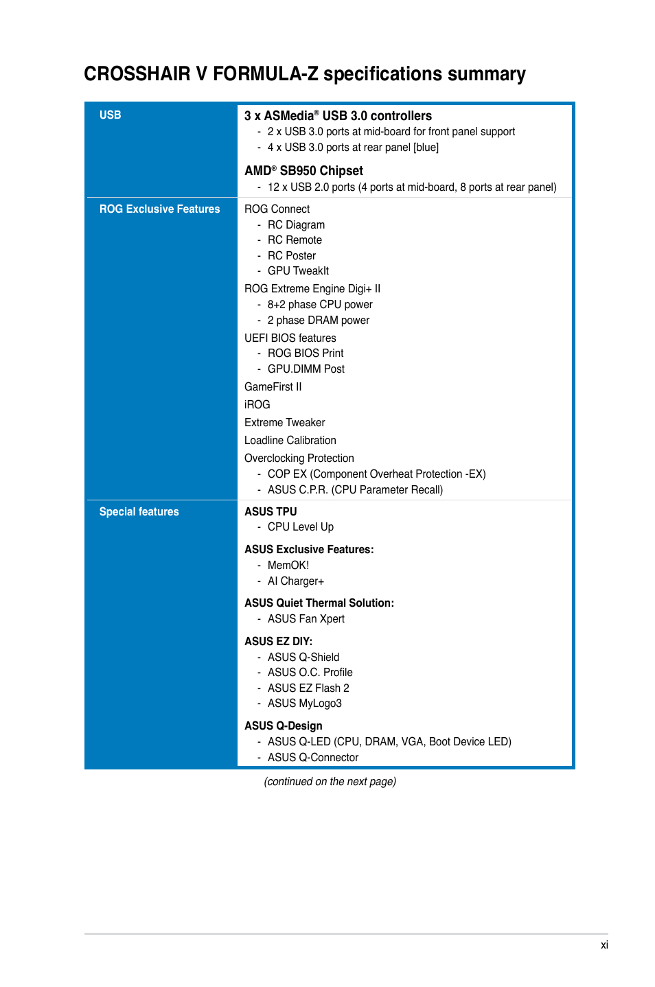 Crosshair v formula-z specifications summary | Asus Crosshair V Formula-Z User Manual | Page 11 / 190