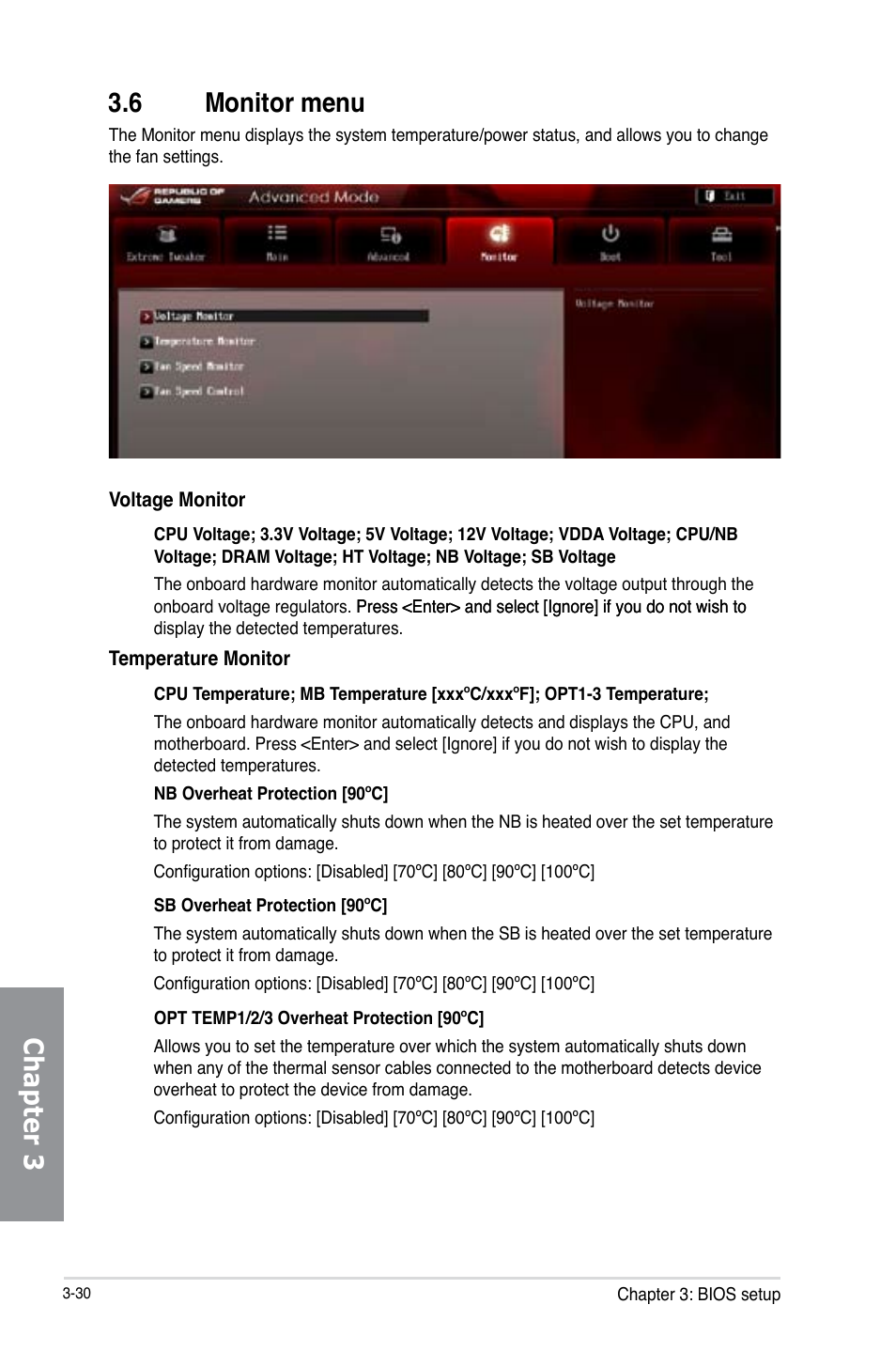 6 monitor menu, Monitor menu -30, Chapter 3 3.6 monitor menu | Asus Crosshair V Formula-Z User Manual | Page 110 / 190