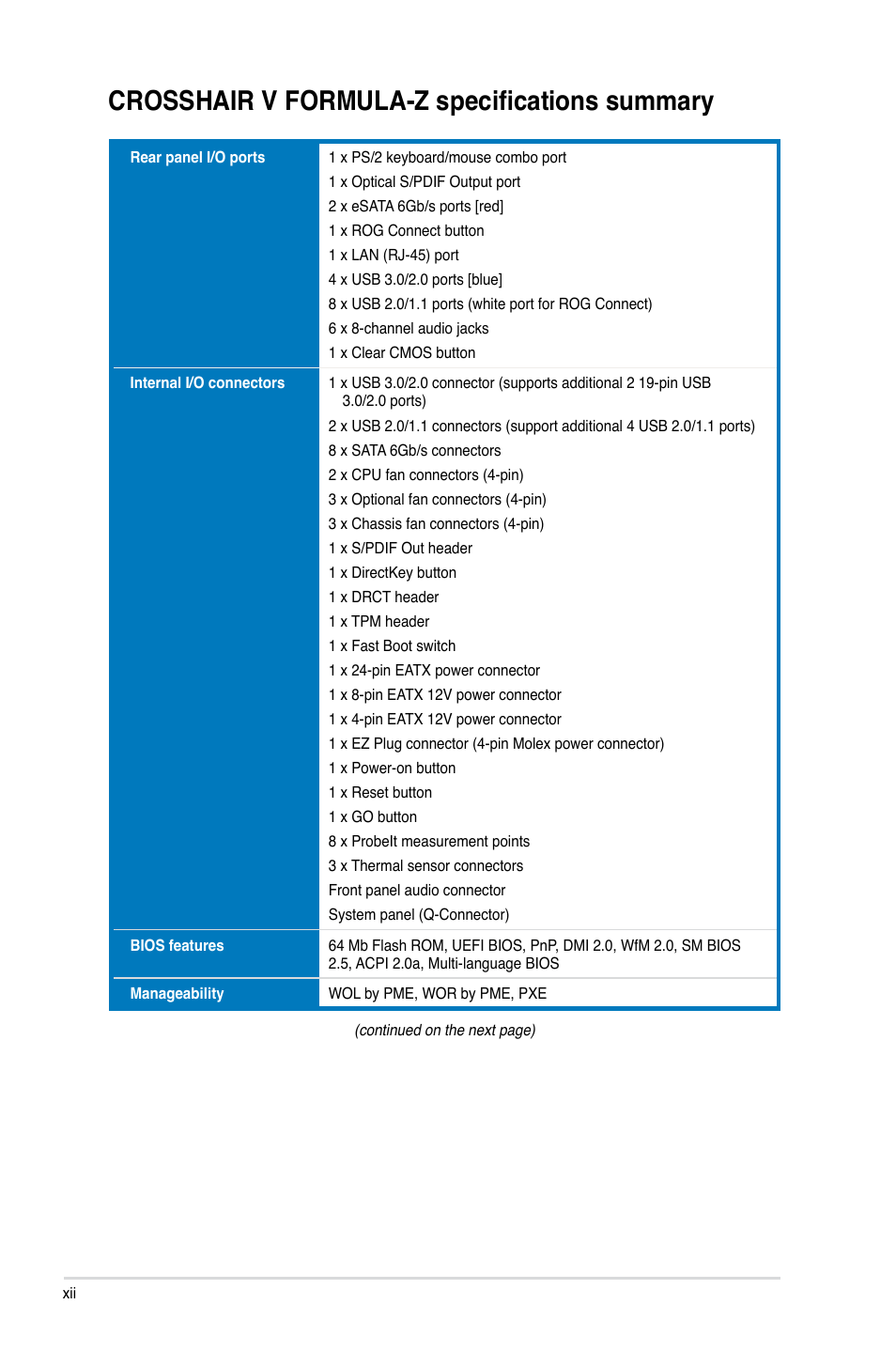 Crosshair v formula-z specifications summary | Asus Crosshair V Formula-Z User Manual | Page 12 / 190