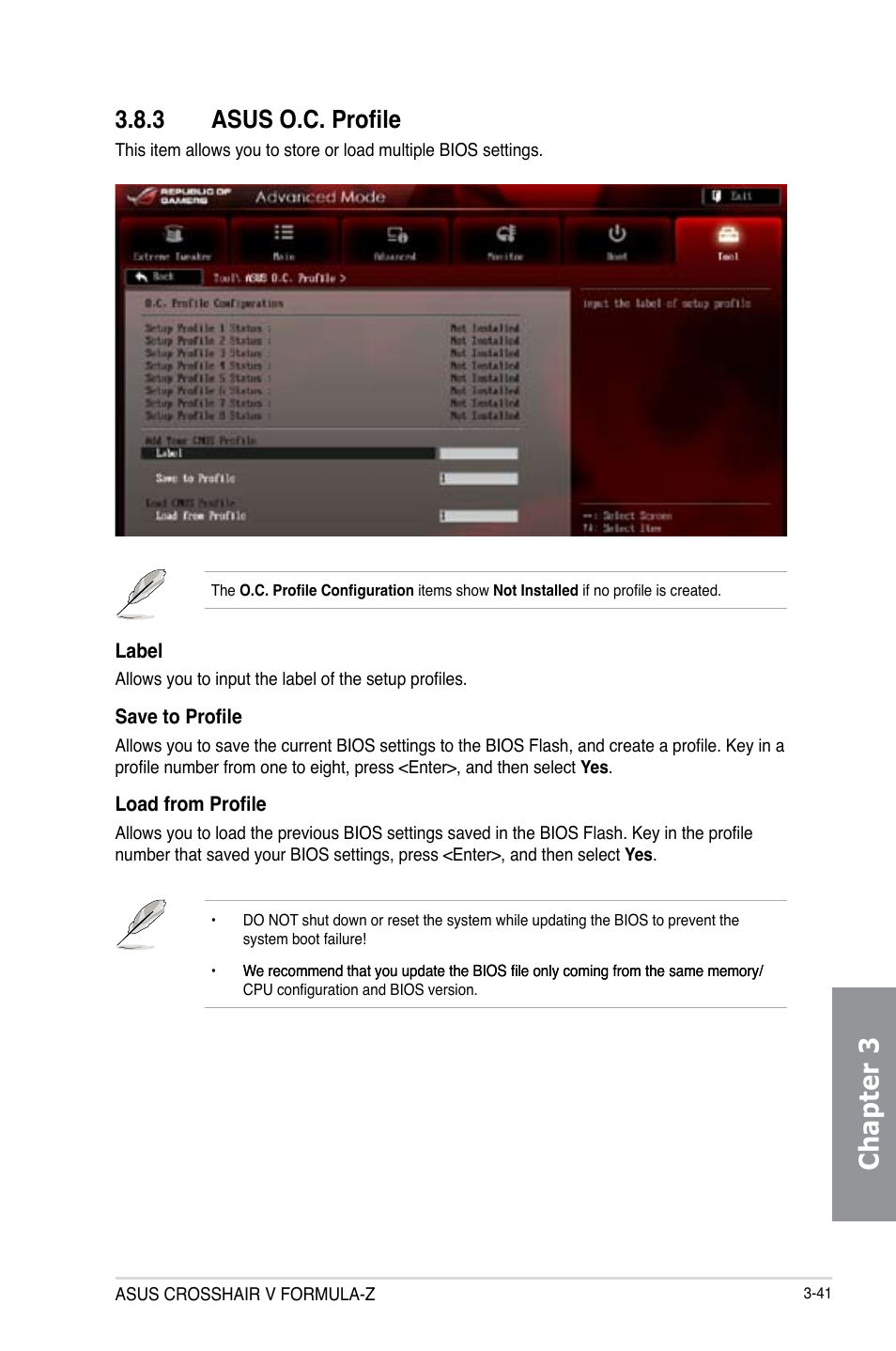 3 asus o.c. profile, Asus o.c. profile -41, Chapter 3 | Asus Crosshair V Formula-Z User Manual | Page 121 / 190