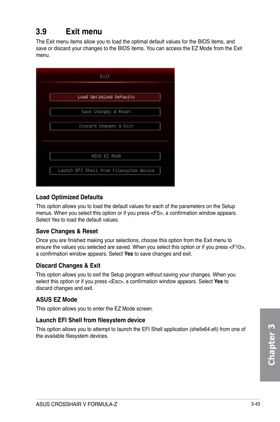 9 exit menu, Exit menu -43, Chapter 3 3.9 exit menu | Asus Crosshair V Formula-Z User Manual | Page 123 / 190