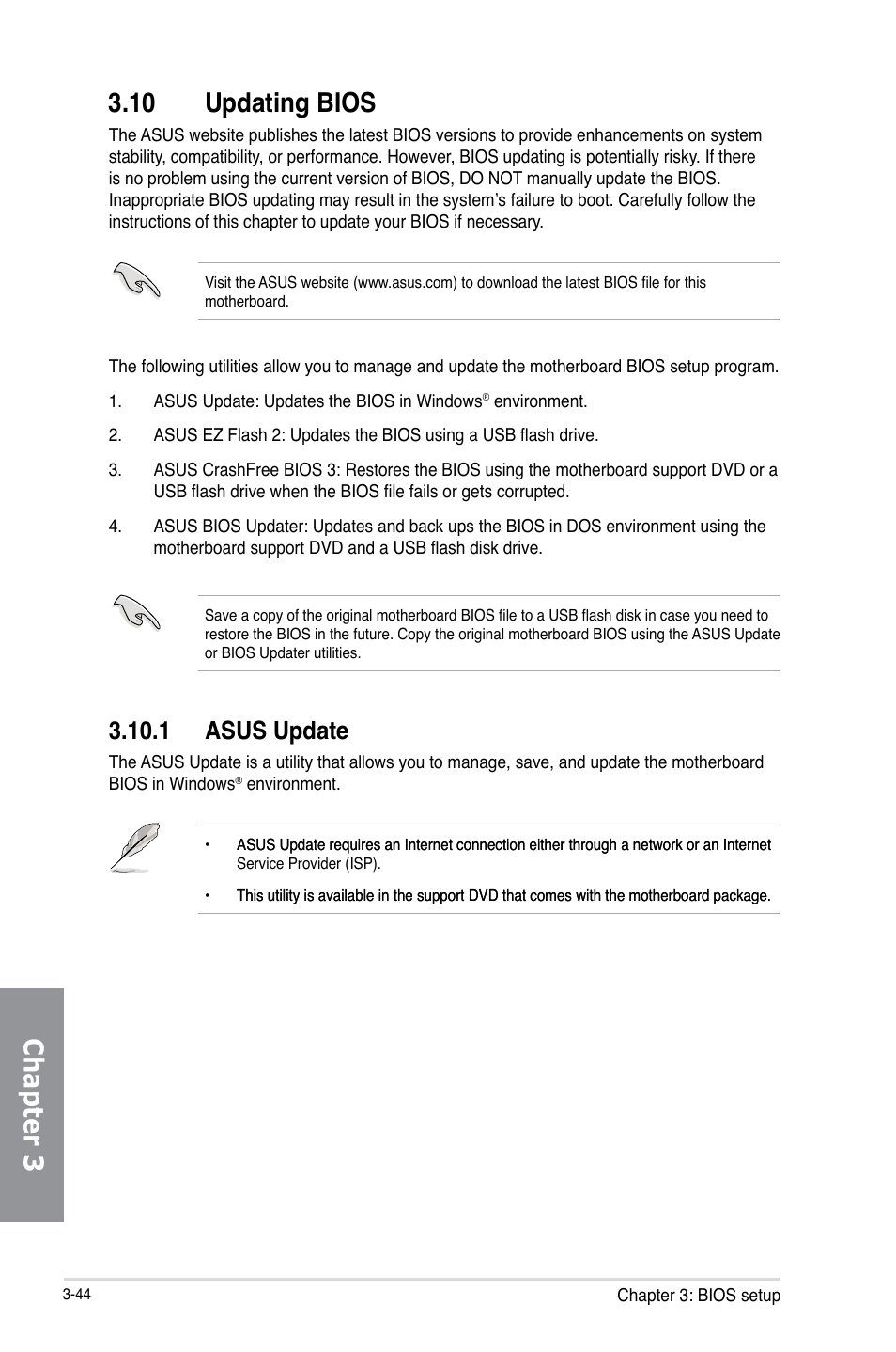 10 updating bios, 1 asus update, Updating bios -44 3.10.1 | Asus update -44, Chapter 3 3.10 updating bios | Asus Crosshair V Formula-Z User Manual | Page 124 / 190