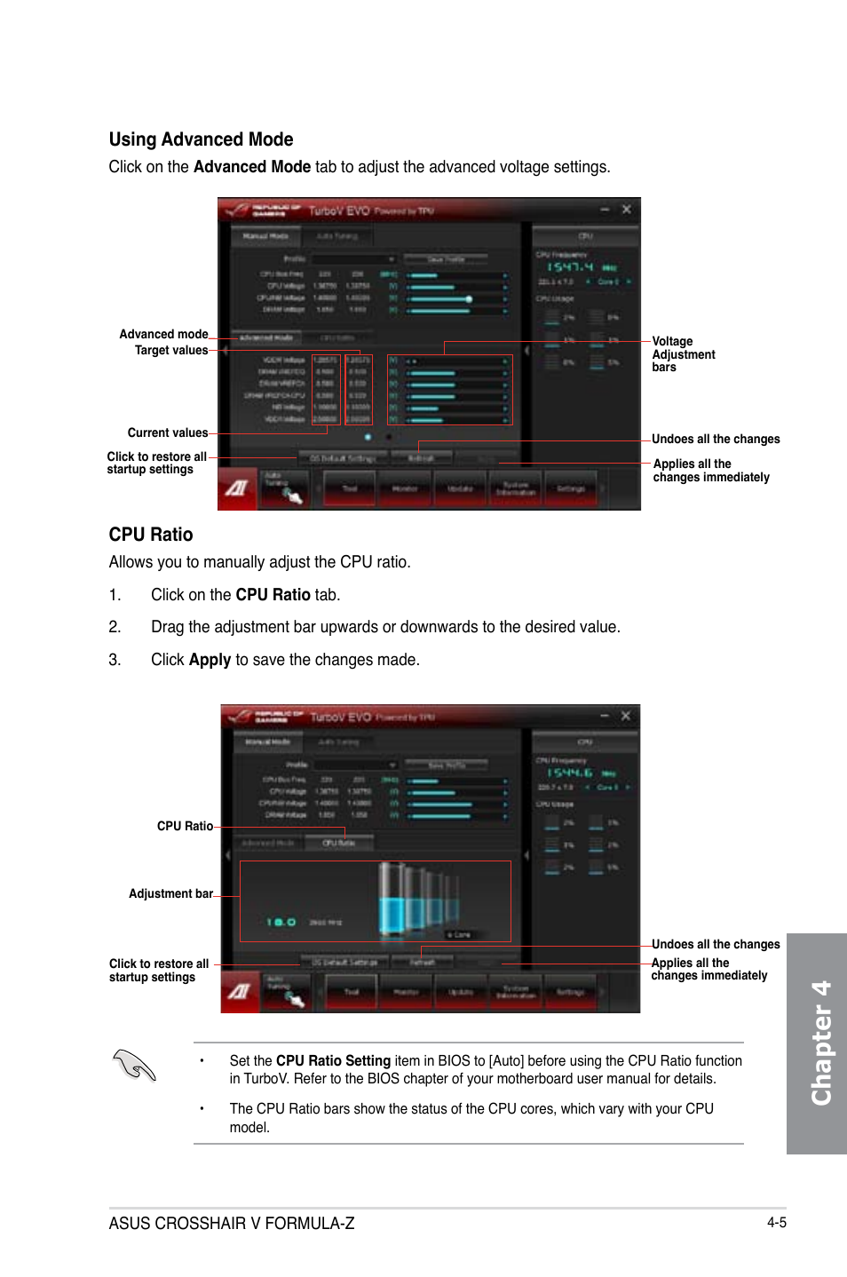 Chapter 4, Using advanced mode, Cpu ratio | Asus Crosshair V Formula-Z User Manual | Page 137 / 190