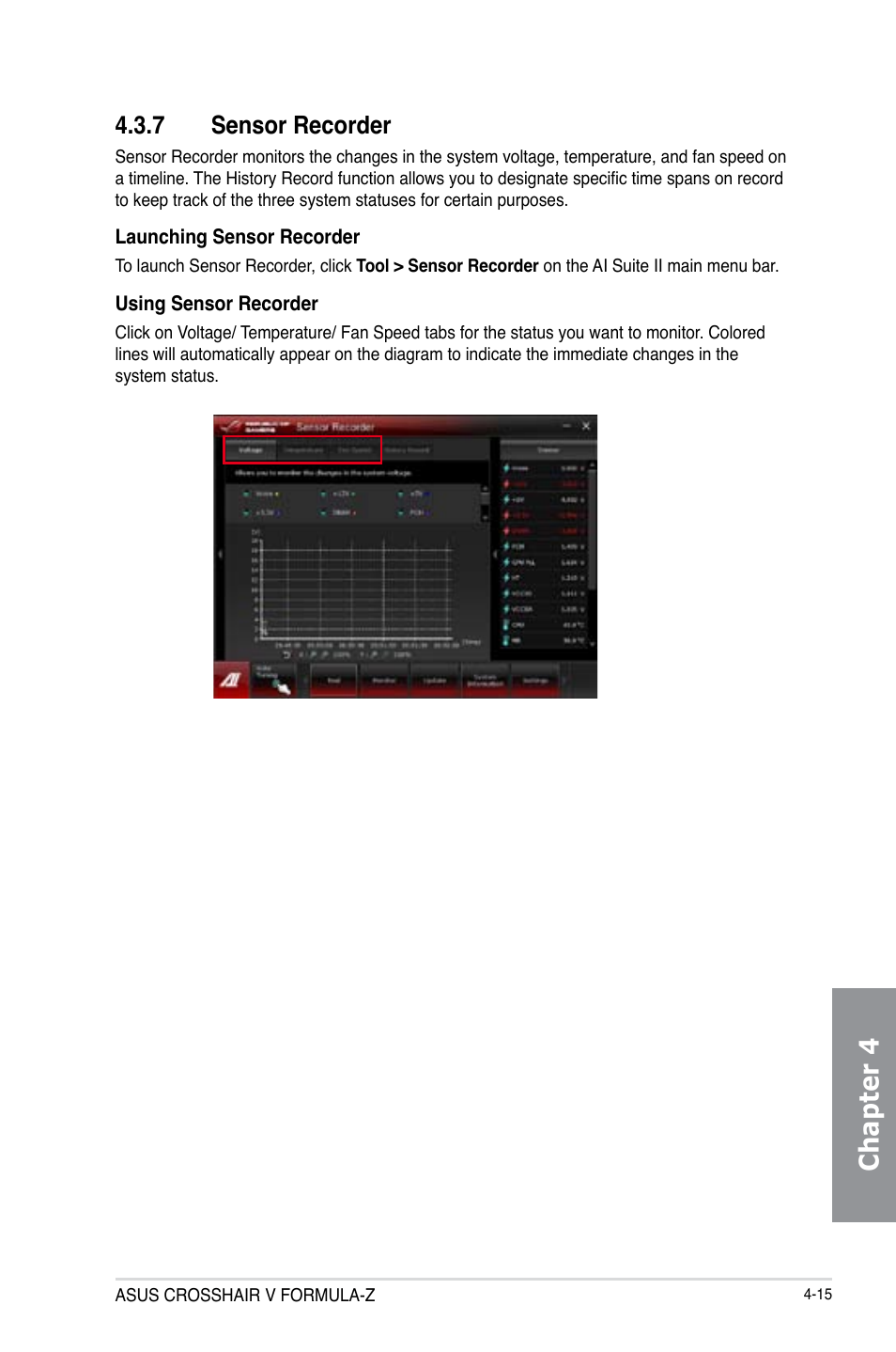 7 sensor recorder, Sensor recorder -15, Chapter 4 | Asus Crosshair V Formula-Z User Manual | Page 147 / 190