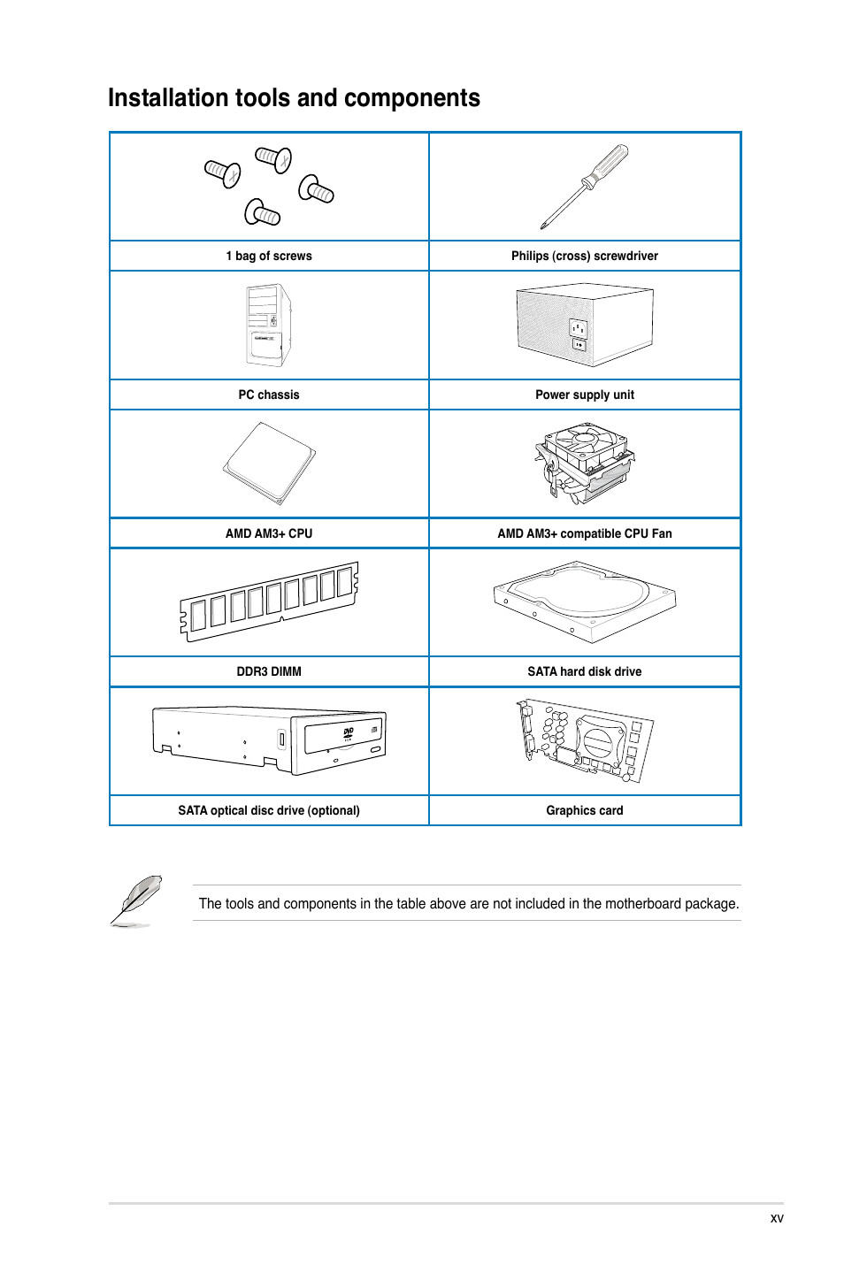 Installation tools and components | Asus Crosshair V Formula-Z User Manual | Page 15 / 190