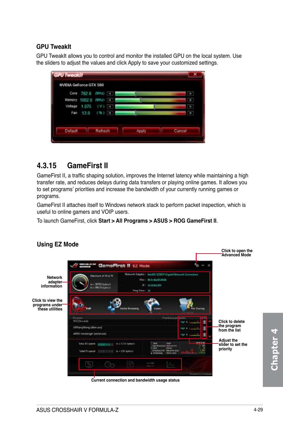 15 gamefirst ii, Gamefirst ii -29, Chapter 4 | Gpu tweakit, Using ez mode | Asus Crosshair V Formula-Z User Manual | Page 161 / 190