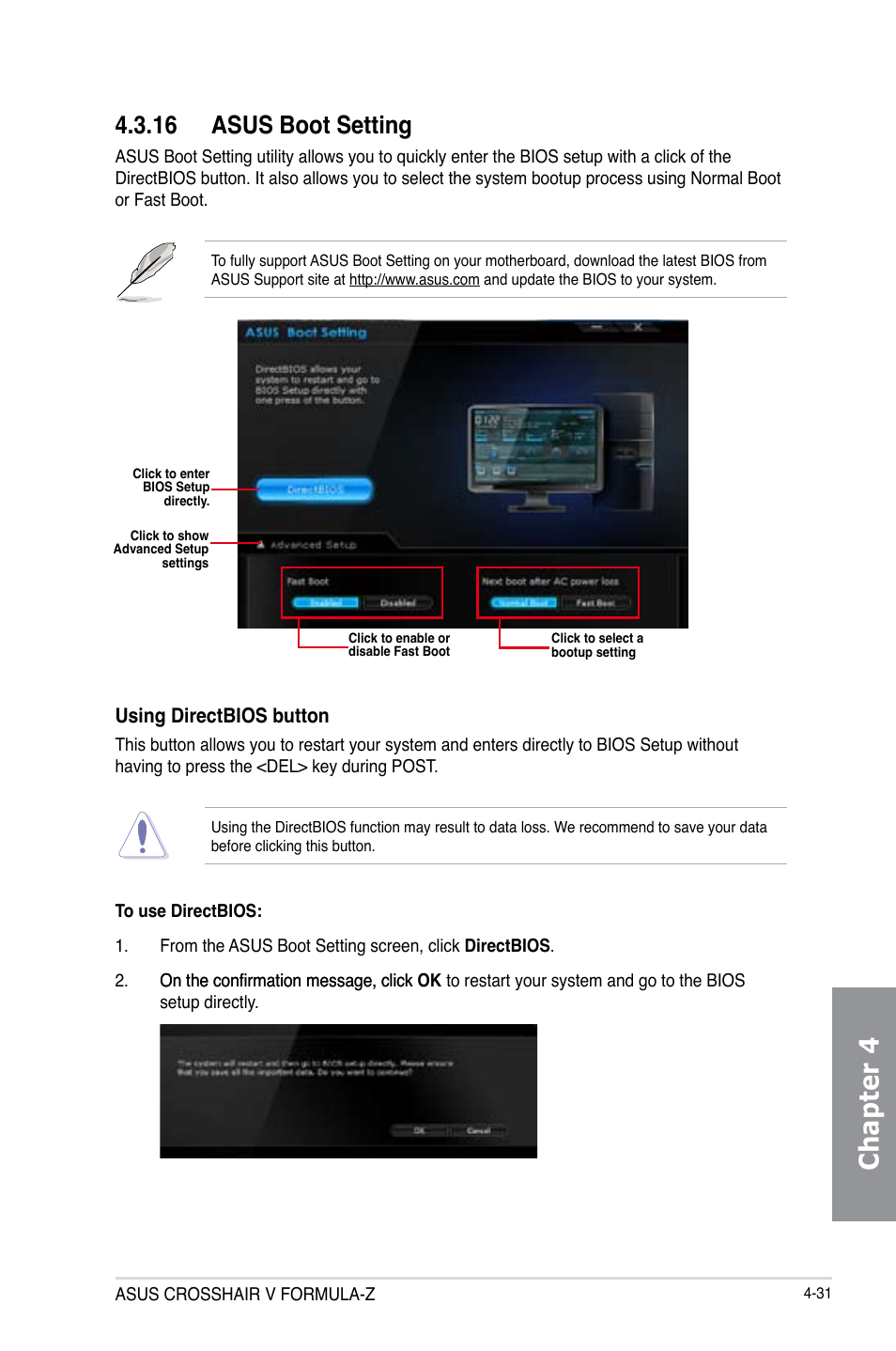 16 asus boot setting, Asus boot setting -31, Chapter 4 | Using directbios button | Asus Crosshair V Formula-Z User Manual | Page 163 / 190