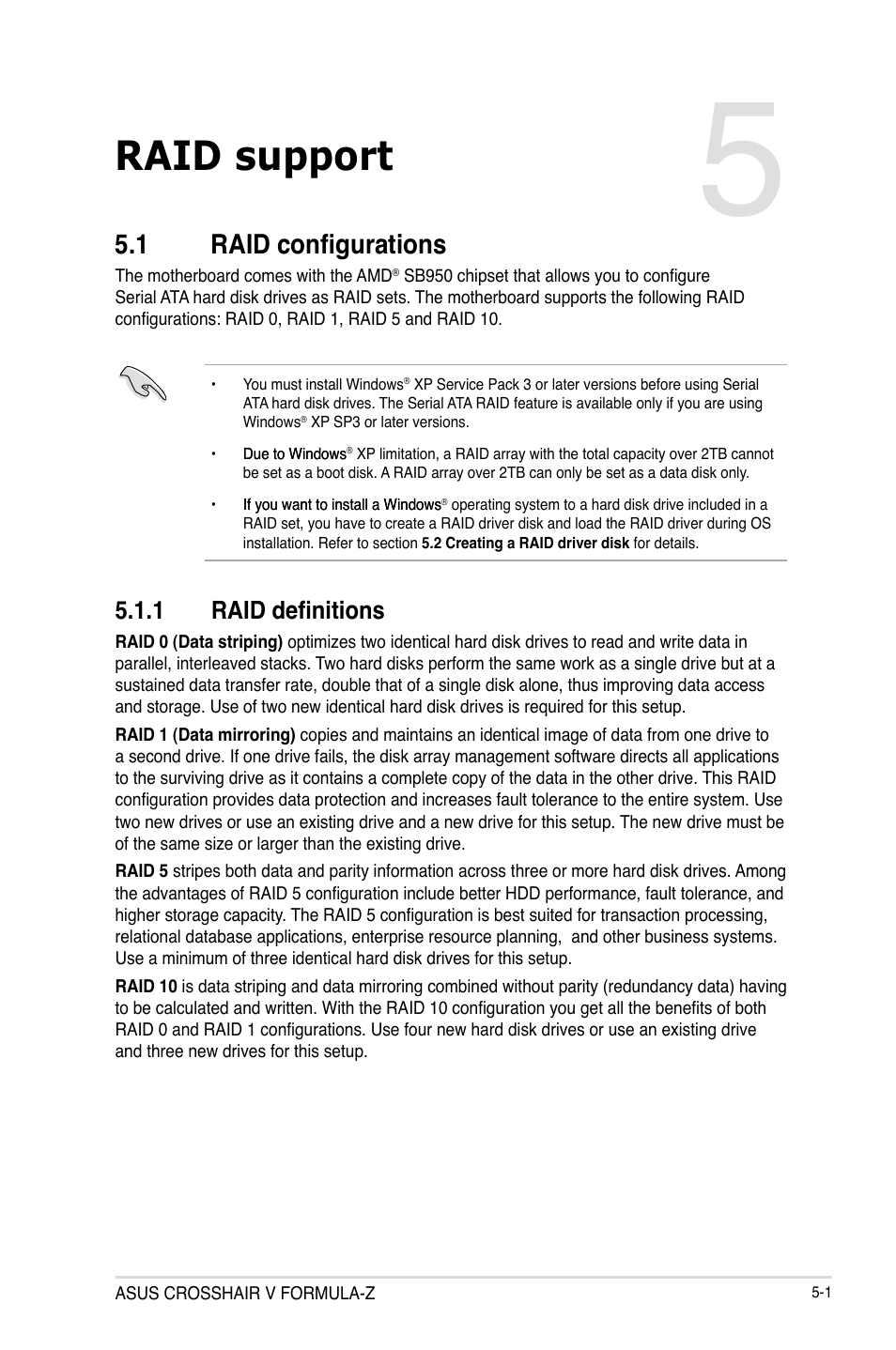 Chapter 5: raid support, 1 raid configurations, 1 raid definitions | Chapter 5, Raid support, Raid configurations -1 5.1.1, Raid definitions -1 | Asus Crosshair V Formula-Z User Manual | Page 165 / 190