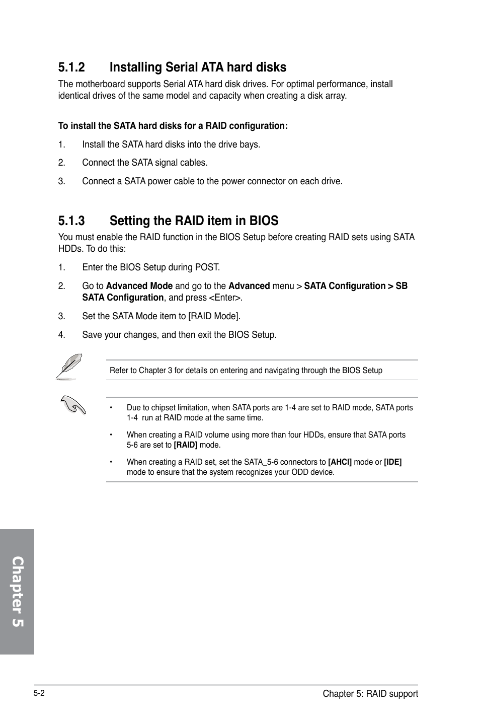 2 installing serial ata hard disks, 3 setting the raid item in bios, Installing serial ata hard disks -2 | Setting the raid item in bios -2, Chapter 5 | Asus Crosshair V Formula-Z User Manual | Page 166 / 190