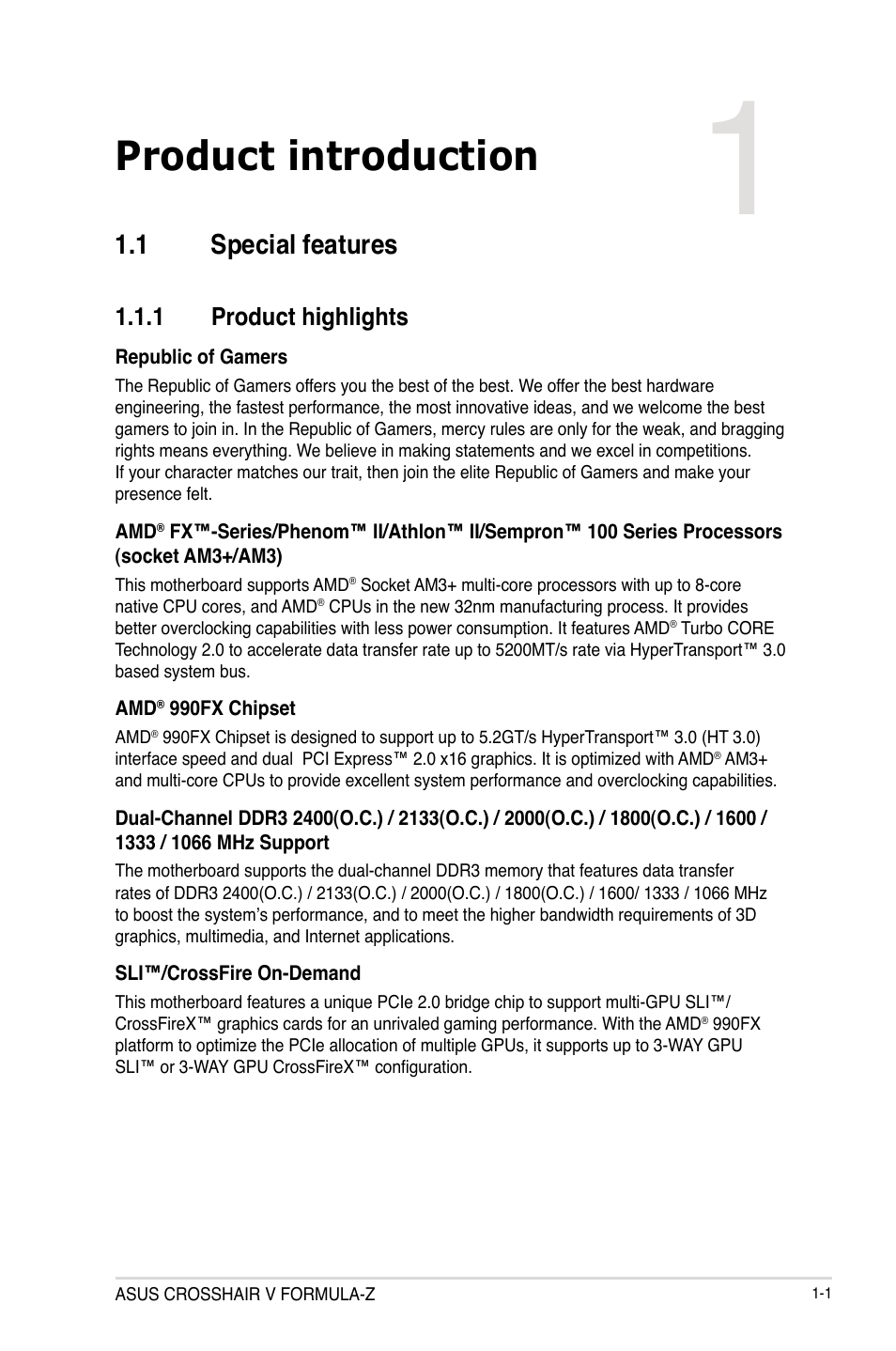 Chapter 1: product introduction, 1 special features, 1 product highlights | Chapter 1, Product introduction, Special features -1 1.1.1, Product highlights -1 | Asus Crosshair V Formula-Z User Manual | Page 17 / 190