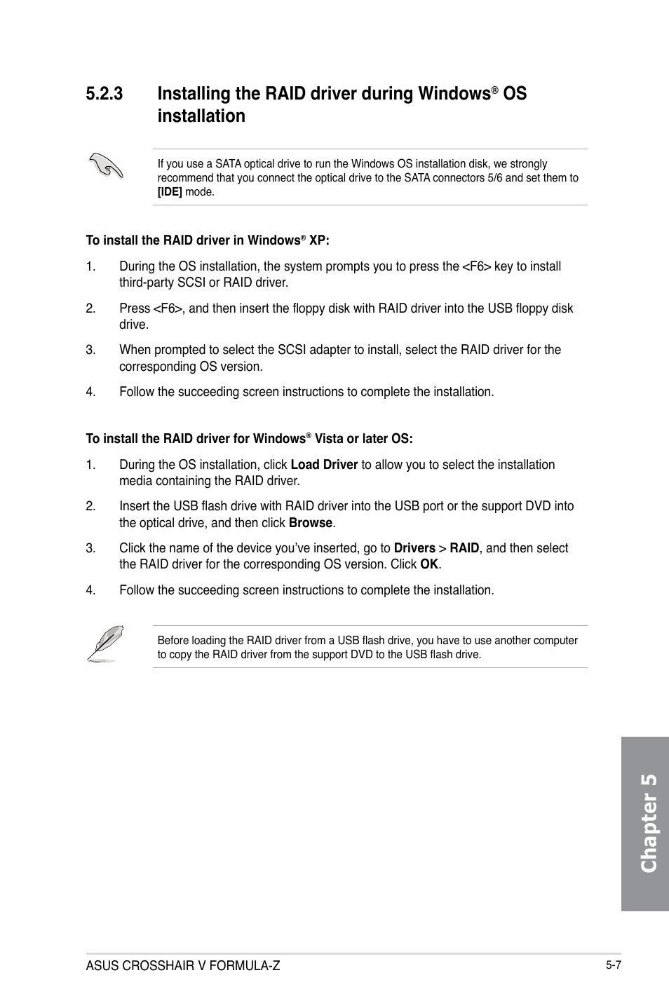 Installing the raid driver during windows, Os installation -7, Chapter 5 | 3 installing the raid driver during windows, Os installation | Asus Crosshair V Formula-Z User Manual | Page 171 / 190