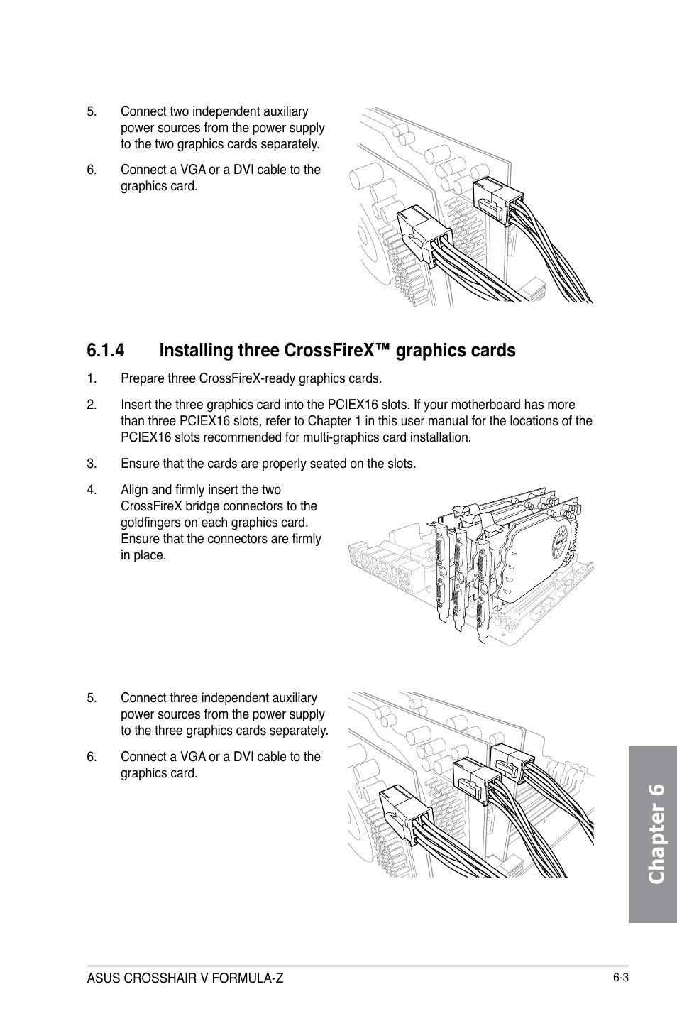 4 installing three crossfirex™ graphics cards, Installing three crossfirex™ graphics cards -3, Chapter 6 | Asus Crosshair V Formula-Z User Manual | Page 177 / 190