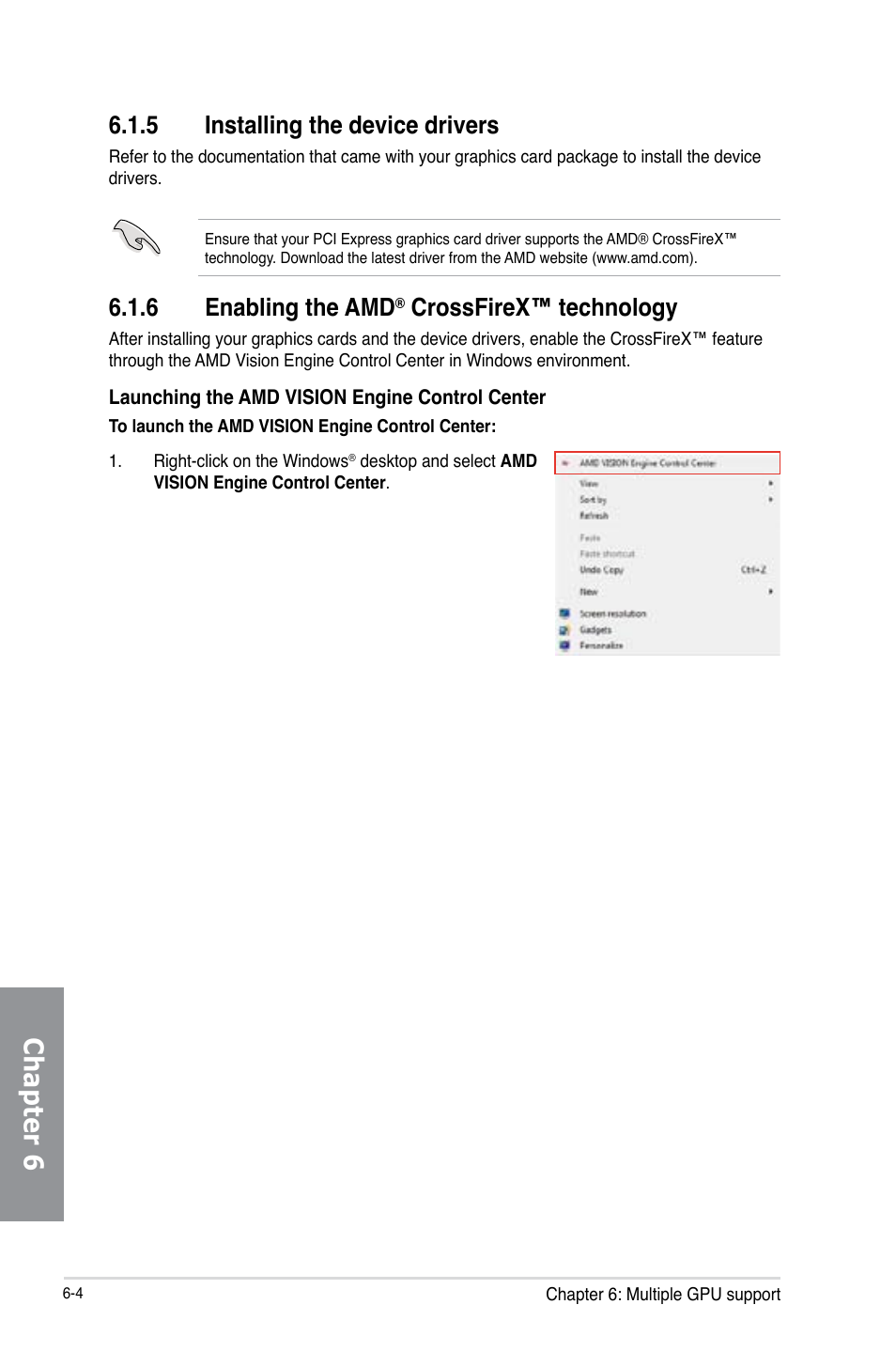 5 installing the device drivers, 6 enabling the amd® crossfirex™ technology, Installing the device drivers -4 | Enabling the amd, Crossfirex™ technology -4, Chapter 6, 6 enabling the amd, Crossfirex™ technology | Asus Crosshair V Formula-Z User Manual | Page 178 / 190