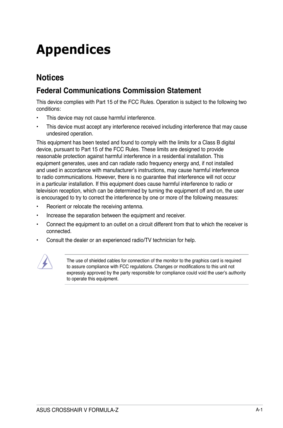 Appendices, Notices, Federal communications commission statement | Asus Crosshair V Formula-Z User Manual | Page 185 / 190