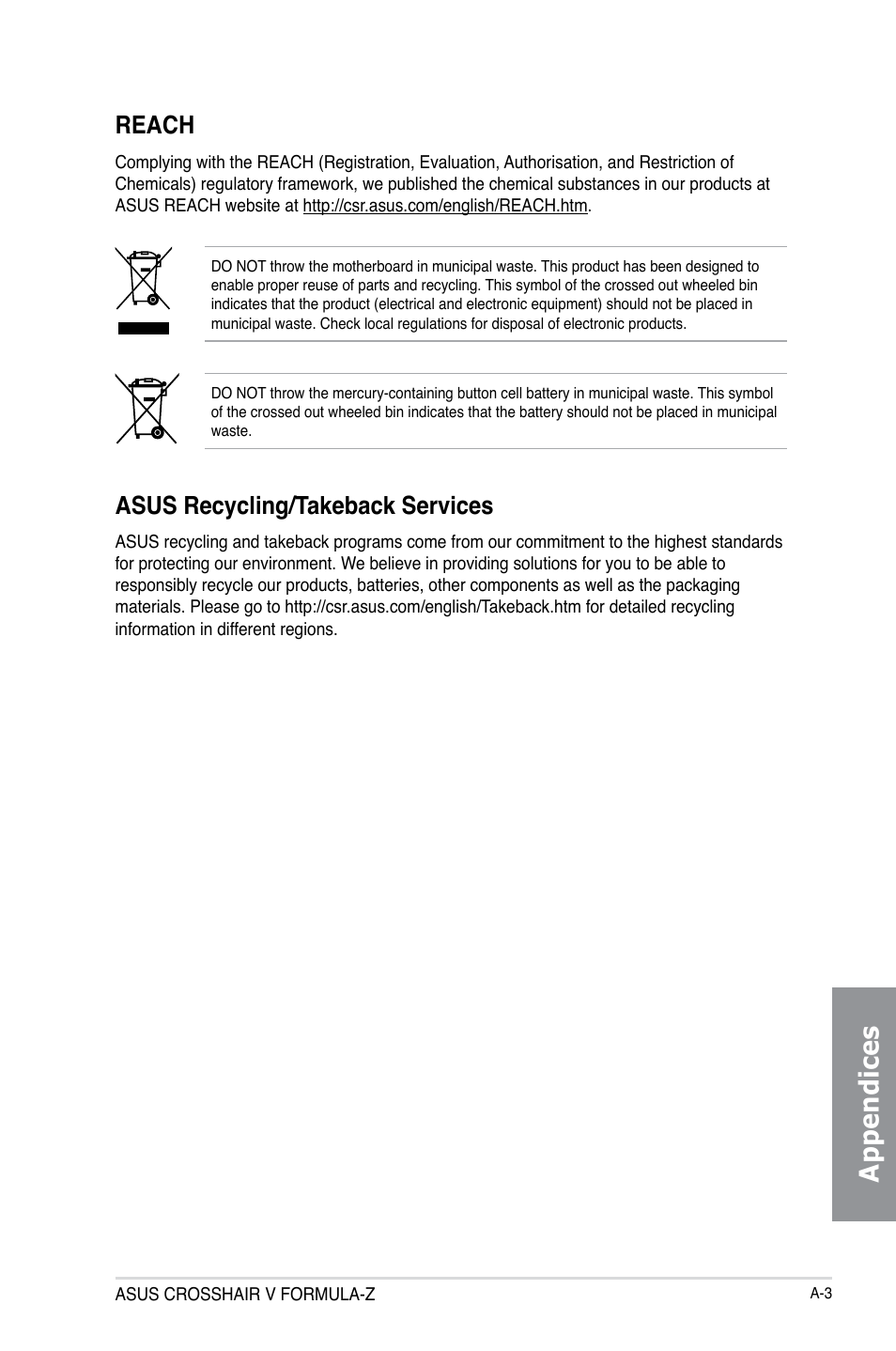 Appendices, Reach, Asus recycling/takeback services | Asus Crosshair V Formula-Z User Manual | Page 187 / 190